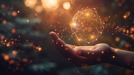 A person is holding a globe with a network of lines connecting it. Concept of interconnectedness and the importance of global unity