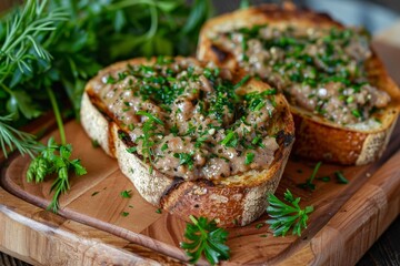 Bread topped with pate and herbs - obrazy, fototapety, plakaty