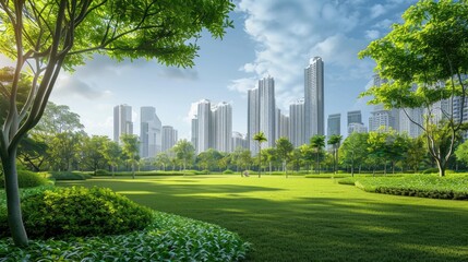 Public park and high buildings cityscape, Green environment city, World Environment Day concept.