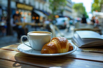 Breakfast in a Parisian cafe coffee croissant and reading