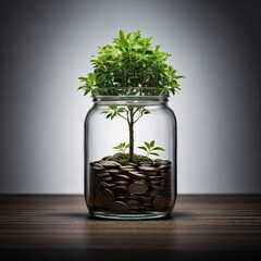 a tree grows on a coin in a glass jar with copy space