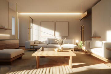 Fototapeta na wymiar Stylish Living Room Interior with Mockup Frame Poster, Modern interior design modern living room