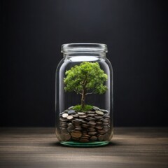 a tree grows on a coin in a glass jar with copy space