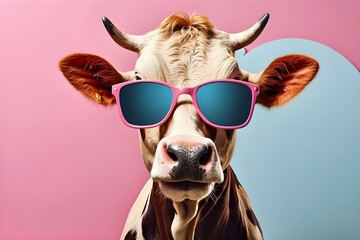 Funny cow wearing sunglasses on a pink studio backdrop: an illustration of quirkiness and humour - obrazy, fototapety, plakaty