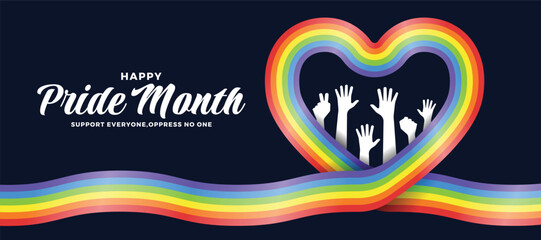 Happy pride month - Hands raised in rainbow pride flag with heart ribbon shape on dark background vector design