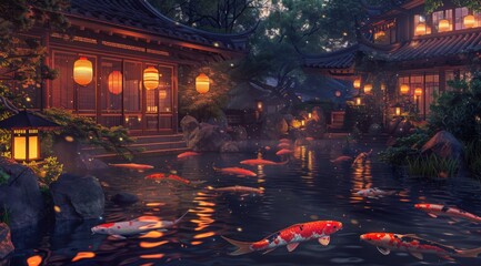 A serene Japanese garden at night, with lanterns illuminating the water and intricate stone bridges...