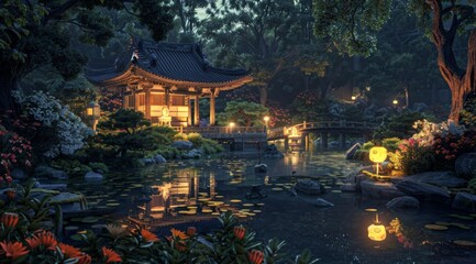 Fototapeta premium A serene Japanese garden at night, with lanterns illuminating the water and intricate stone bridges over tranquil pools of koi pond, surrounded by lush greenery and traditional wooden 