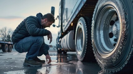 Truck driver inspecting safety of tires before the ride on the road. - Powered by Adobe