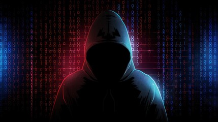 Hacking concept. Hacker with binary code digital interface background.