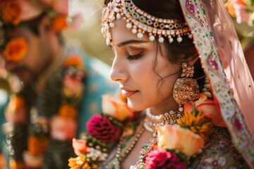elegant bride in traditional Indian attire with ornate jewelry