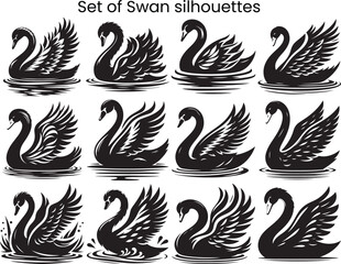 Set of black silhouettes swan largest flying bird swim on water cartoon animal design flat vector illustration