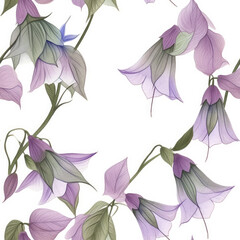 Watercolor coloured seamless pattern on white background. Bells. Flowers and leaves. Pastel colours. 