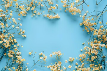 A blue background with white flowers and branches on it with a blue background with a white circle