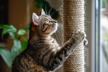 Cat sharpening claws on scratching post side view - obrazy, fototapety, plakaty