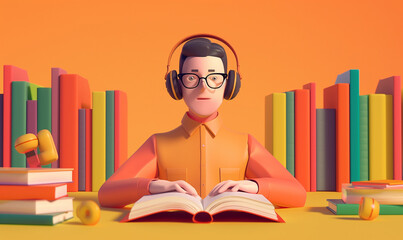 Happy 3d man in headphones with an open book. Orange background