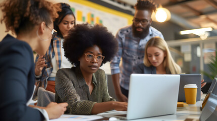 Group of diverse profession business team show marketing strategy present by laptop with statistic document scatter on table. 