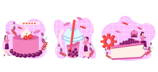 Flat Bundle Cafe Sweet Pink Design Illustration