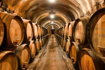 Cellar of winery with many barrels - obrazy, fototapety, plakaty