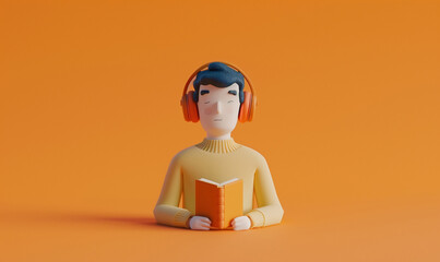 3d man with closed eyes in headphones with an open book. Clean orange background
