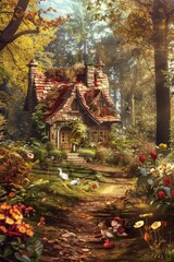 Fototapeta premium A magical glimpse from a fairy tale book, showing a humble cottage nestled in a forest clearing where woodland creatures gather, Generative AI