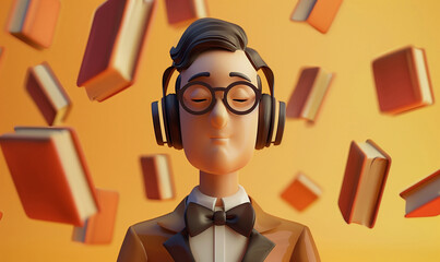 3d man in bow tie and headphones. Books are flying in the background. Streaming audio services picture