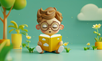 Little 3d boy reading a book in the garden. Green background