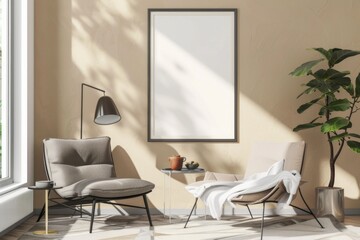 Beige Scandinavian Interior with Poster Mockup created with Generative AI