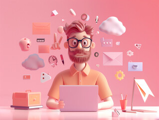 Scared UX designer. Front view. 3d character. Man in glasses at his desk with a computer