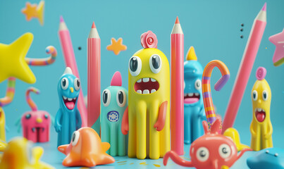 Scared 3d pencils. Beginning of school year. Pink, blue, yellow and purple colors - obrazy, fototapety, plakaty