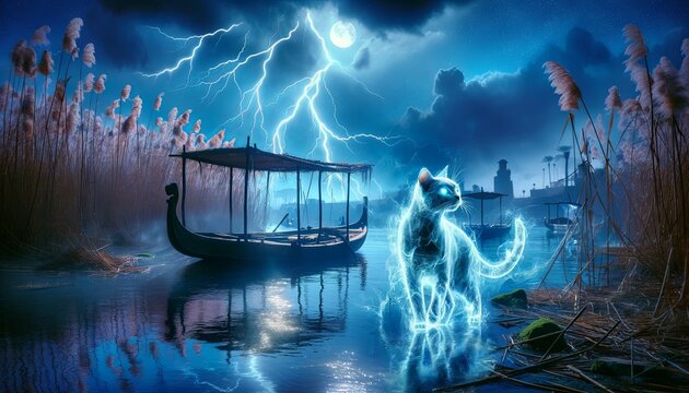 A glowing cat stands on the shore of a lake, watching a boat sail away. In the background, a storm is brewing.