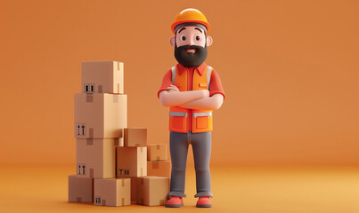 3d warehouse worker with arms folded. Cardboard parcels. Storage space. Orange background