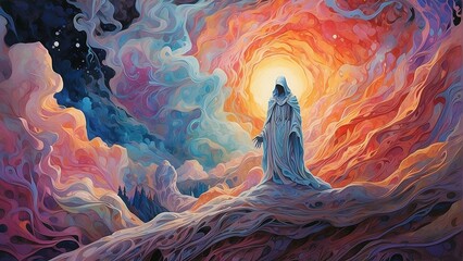 An illustration of a person in a white robe standing on a cliff overlooking a colorful, stormy sky. - obrazy, fototapety, plakaty