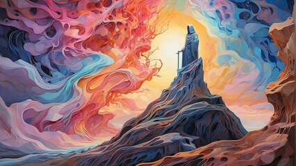 An illustration of a person in a white robe standing on a cliff overlooking a colorful, stormy sky.