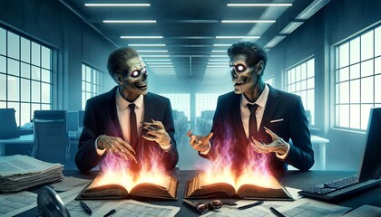 Two businessmen in suits are sitting at a desk in an office. They are both undead and have glowing blue eyes. One of them is holding a book that is on fire.