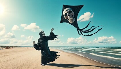 the grim reaper is flying a kite on the beach