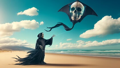 A skeleton kite flies over a beach as a man in a black robe holds the string.