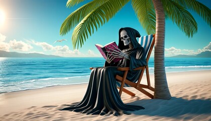 skeleton sitting in a beach chair reading a book
