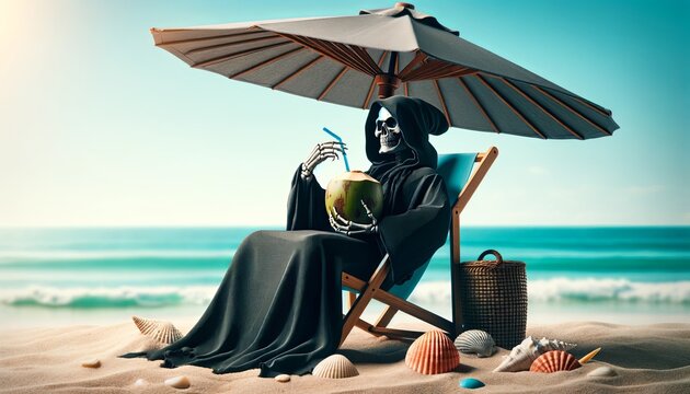 skeleton sitting on a beach in a lawn chair, drinking a coconut