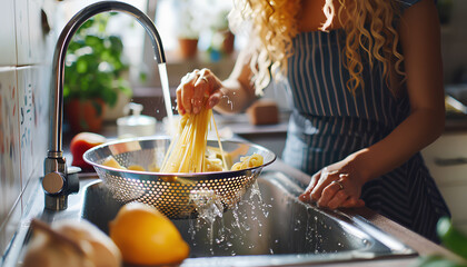 Woman pouring water from boiled pasta into colander in sink - obrazy, fototapety, plakaty