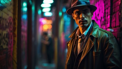 A man wearing a hat and trench coat is sitting in a dark room.