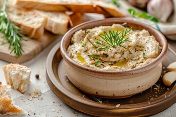 Classic fish pate in ceramic dish on light background Focus on dish