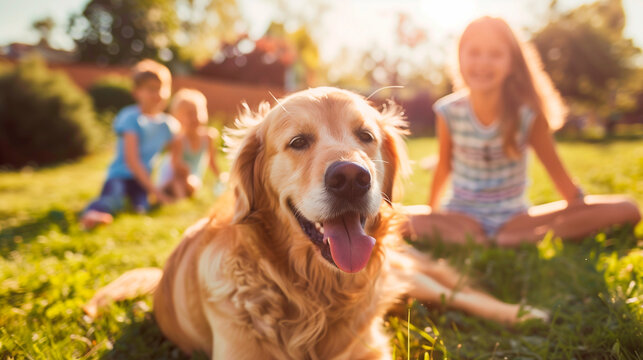 Happy family playing with golden retriever dog on the backyard lawn