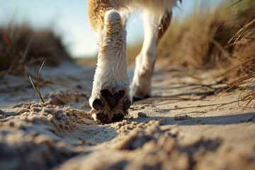 Close up of dog paw on sandy path - obrazy, fototapety, plakaty