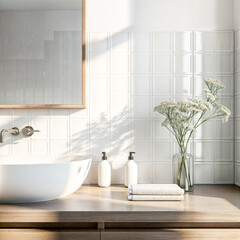 White vanity counter top, square wall tiles with ceramic washbasin, modern minimal style faucet, twig glass vase in bathroom in morning sunlight and shadow for beauty