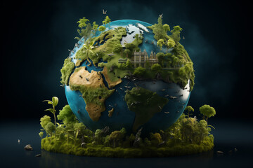 Illustration of a thriving planet Earth with a lot of greenery and foliage. Generative Ai.	 - 788014762