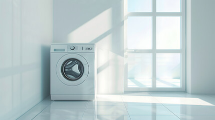 Contemporary front-load washing machine positioned in a minimalist white room with large windows and light shadows.
