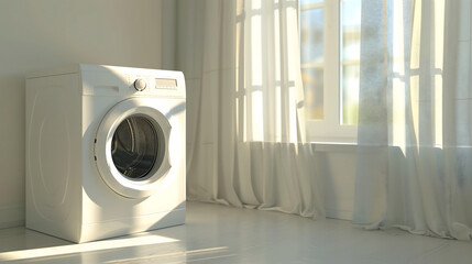 A sleek white washing machine stands in a bright, sunlit room with sheer curtains and a wooden floor.

