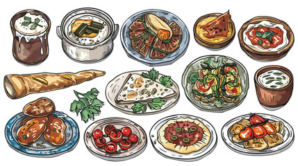 Georgian cuisine. Different dishes. Hand drawn colorful