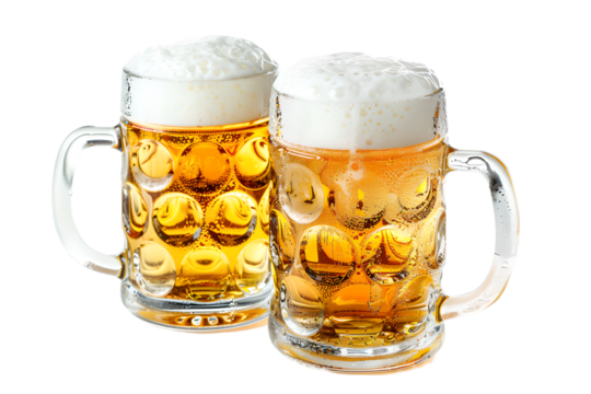 Refreshing cold beer in glass mug, isolated PNG on transparent background. Pint alcohol with foam, relax drink on holiday in bar