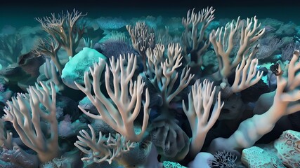 A digital artwork of a bleached coral reef, once teeming with life, now a ghost of its former self. global arming affect. generative ai